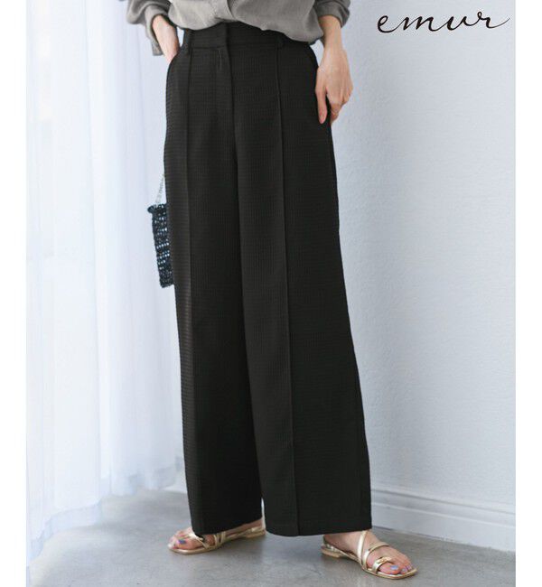 Rope&rsquo;Picnic「【emur/エミュール】ワッフルきれいめワイドパンツ」|チノ|ブラック(01)