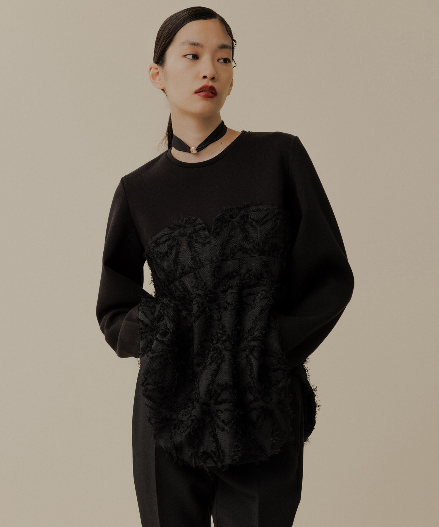 ADAM ET ROPE'「【サステナブル・オケージョン・洗える・再入荷】ジャカードビスチェコンビプルオーバー」|Tシャツ・カットソー|ブラック(01)