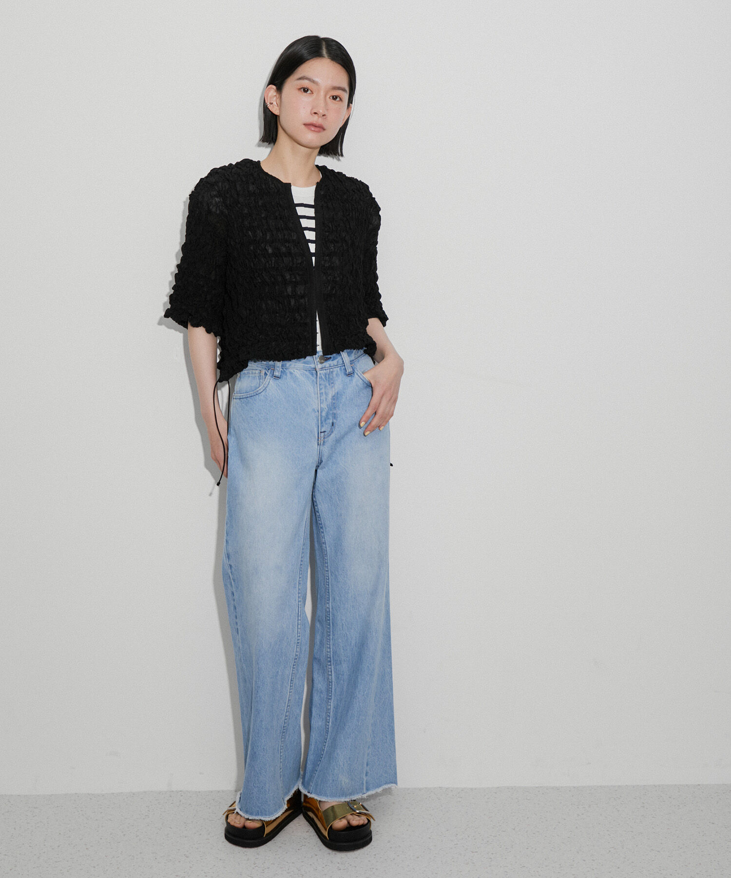 ADAM ET ROPE'「【洗える】シャーリングギャザーホックトップス」|カーディガン|