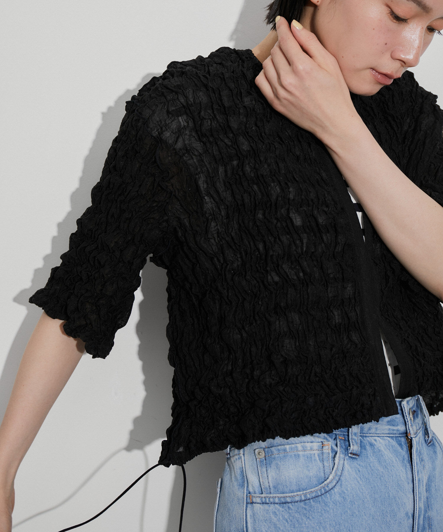 ADAM ET ROPE'「【洗える】シャーリングギャザーホックトップス」|カーディガン|