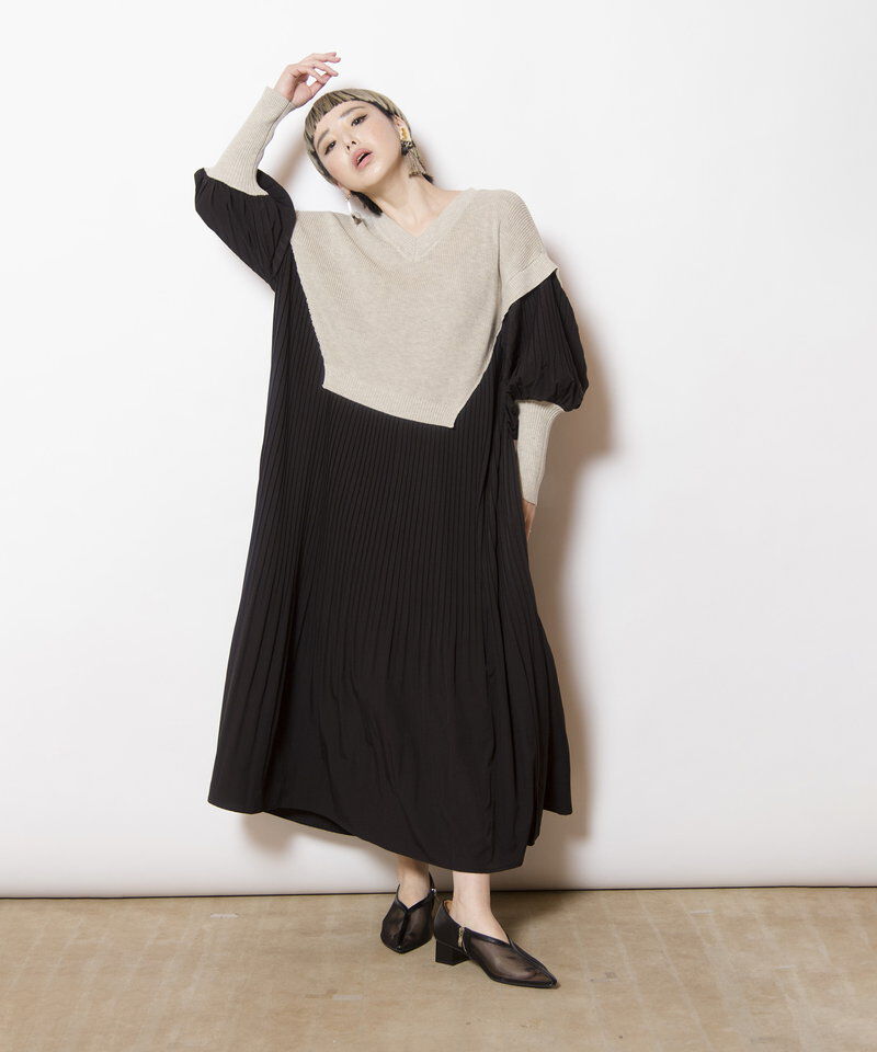  「ニット切替プリーツワンピース」|ワンピース|
