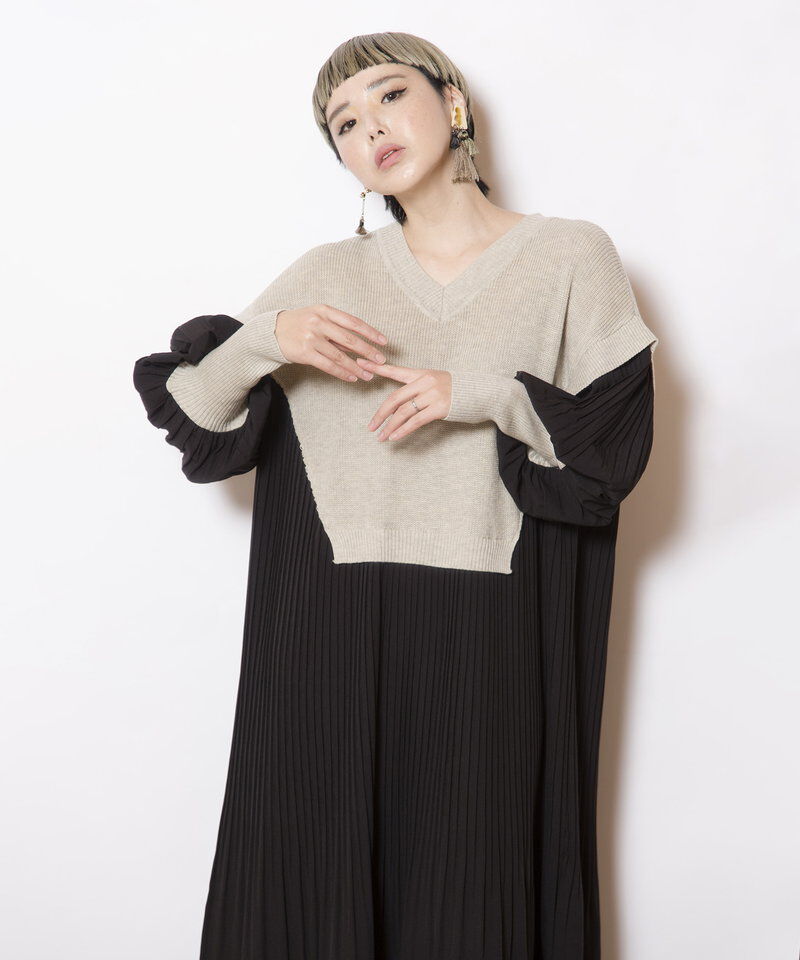  「ニット切替プリーツワンピース」|ワンピース|