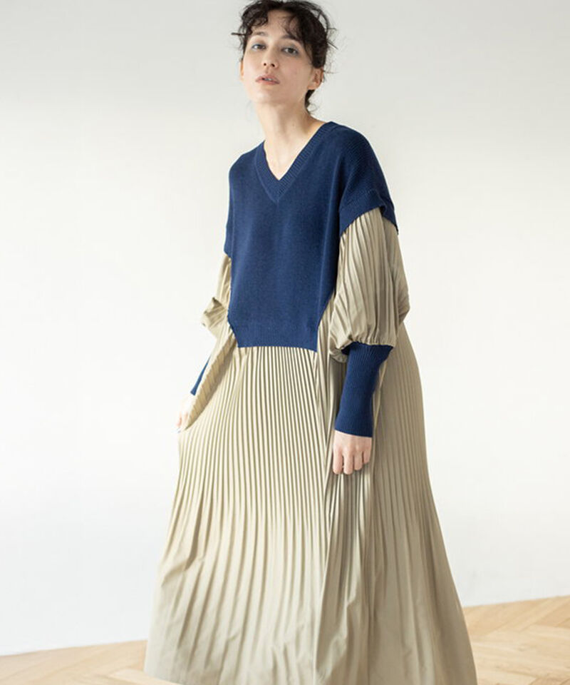  「ニット切替プリーツワンピース」|ワンピース|NAVY