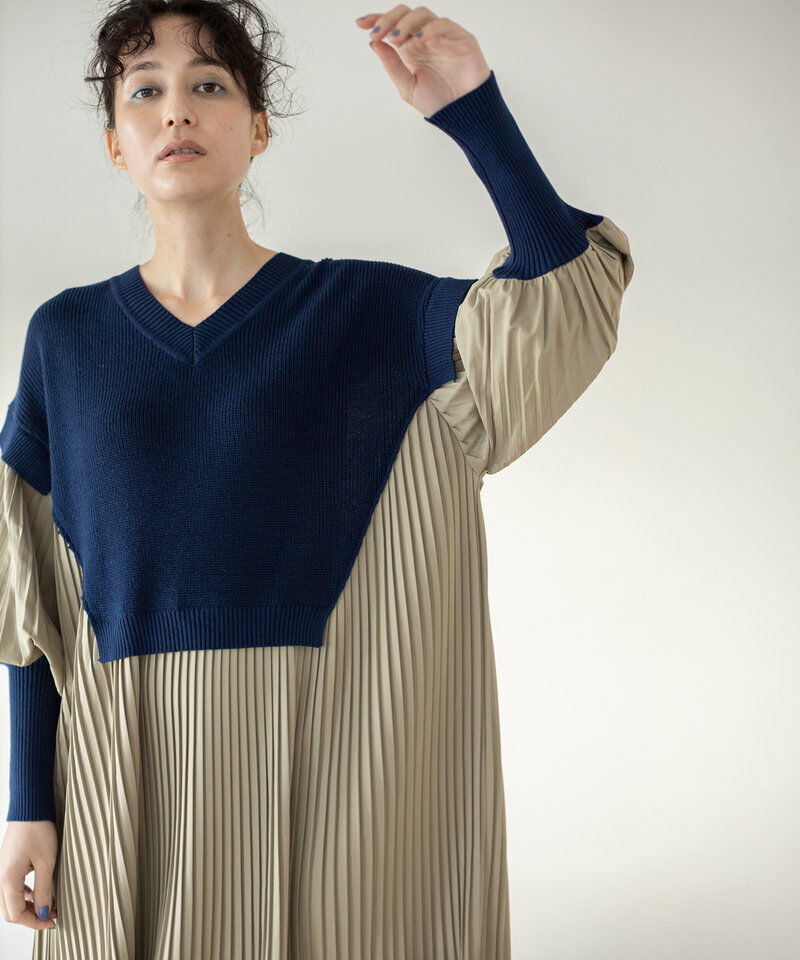 「ニット切替プリーツワンピース」|ワンピース|