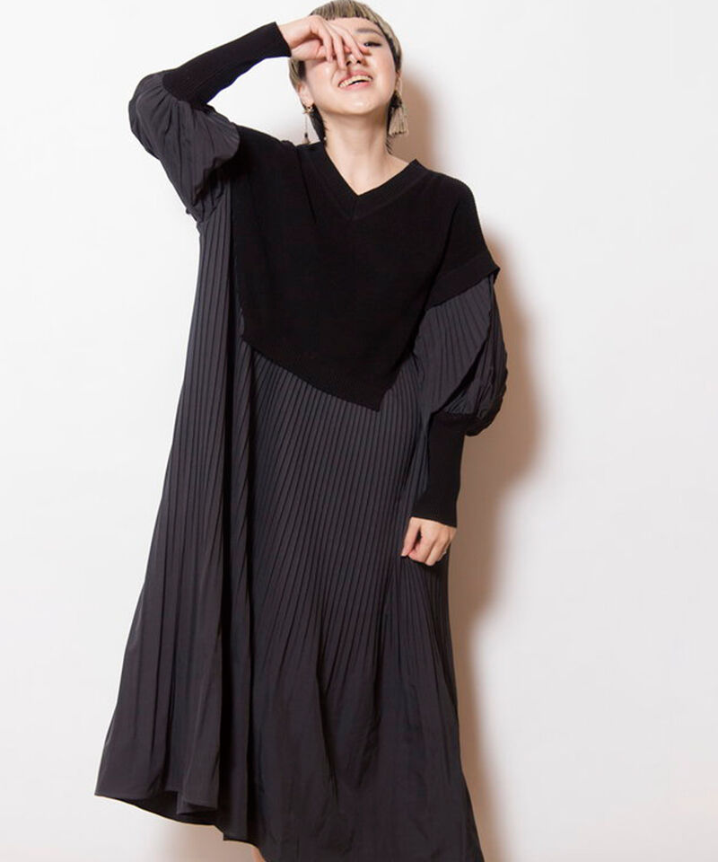  「ニット切替プリーツワンピース」|ワンピース|BLACK