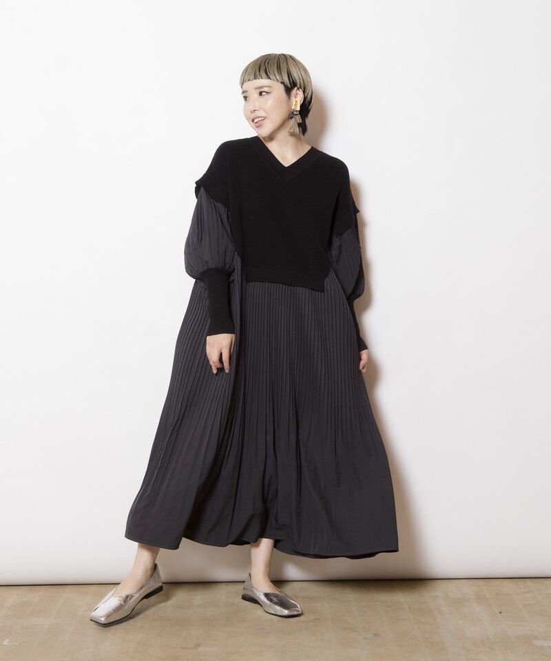  「ニット切替プリーツワンピース」|ワンピース|