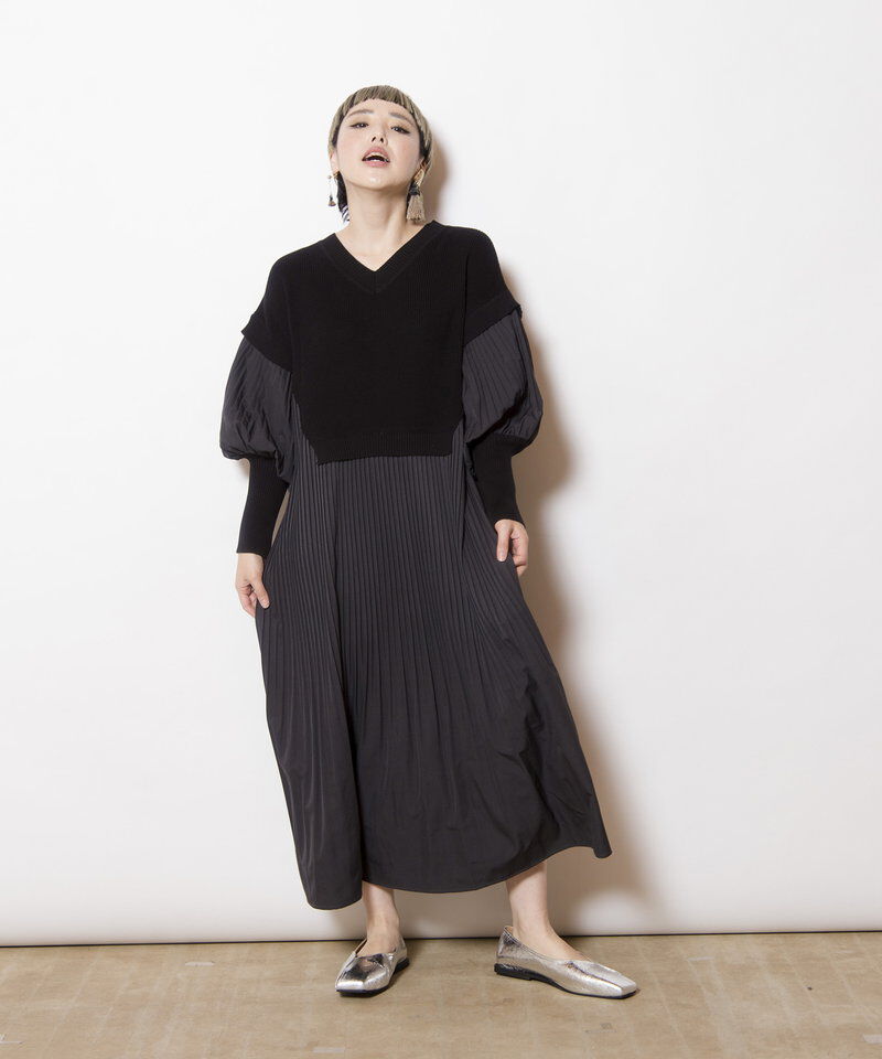  「ニット切替プリーツワンピース」|ワンピース|