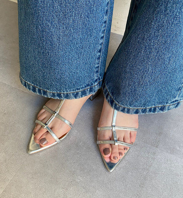  「ポインテッドストラップサンダル」|ロングブーツ|シルバー