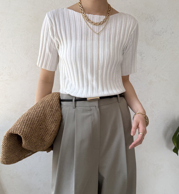  「【WEB限定】ワイドリブハーフスリーブニット」|ニット・セーター|オフホワイト