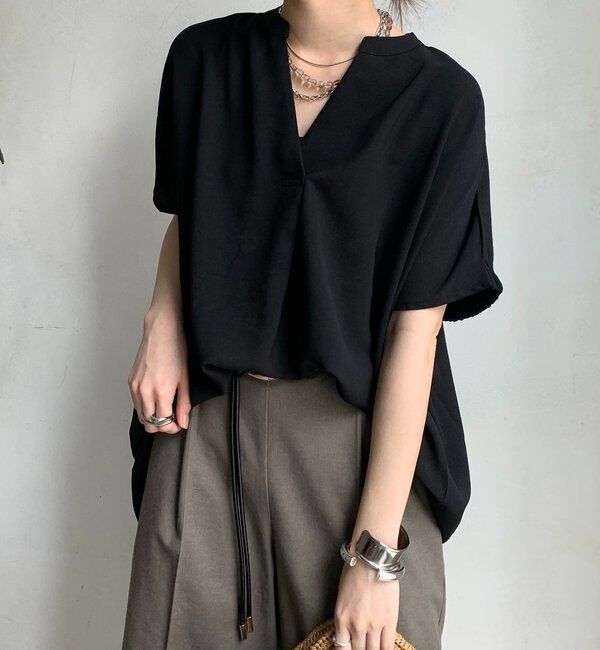  「【WEB限定】ライトジョーゼットスキッパーギャザーチュニック」|シャツ・ブラウス|ブラック