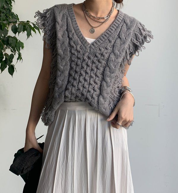  「【WEB限定】ループフリンジニットベスト」|ニット・セーター|グレー