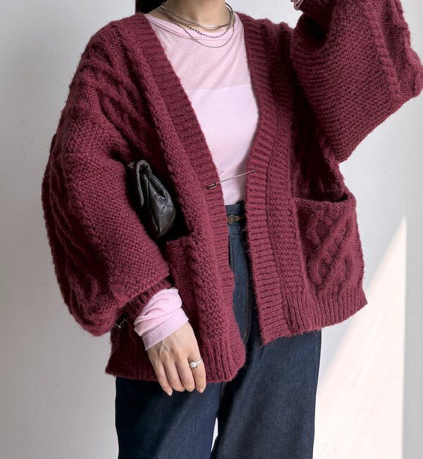  「ケーブルニットカーディガン」|カーディガン|ボルドー