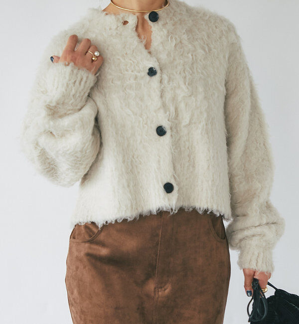  「シャギー起毛ショートカーディガン」|ニット・セーター|グレージュ