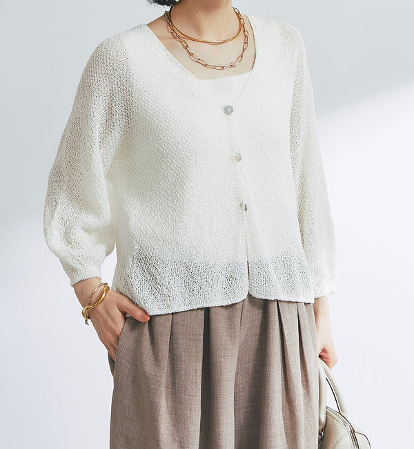  「《軽量・通気性・吸水速乾性》イージーケア和紙ニットカーディガン」|ニット・セーター|オフホワイト