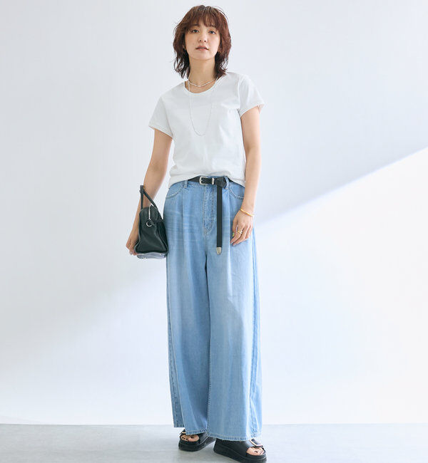  「【MONN.:.(モン)】ライトデニムワイドパンツ」|デニム|