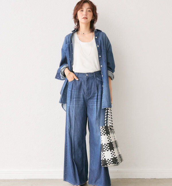  「【MONN.:.(モン)】ライトデニムワイドパンツ」|デニム|
