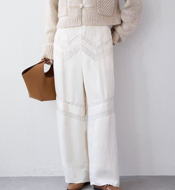  「【a Nice （ア ・ニース）】ピンタックレースパンツ」|チノ|アイボリー