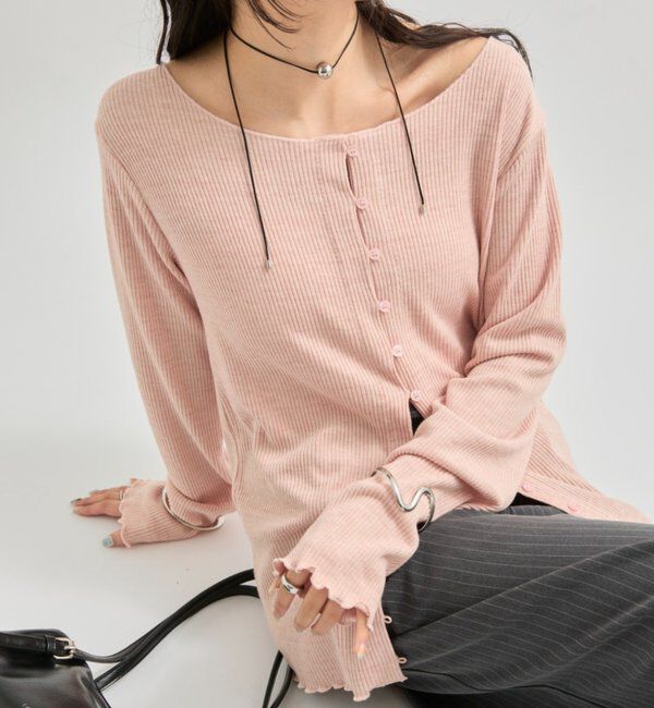  「起毛リブボタンカーディガン」|Tシャツ・カットソー|ピンク