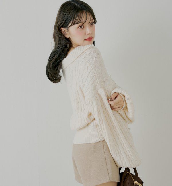  「【SALON by Chico】フラワービジュー襟付きルーズニットカーディガン」|カーディガン|