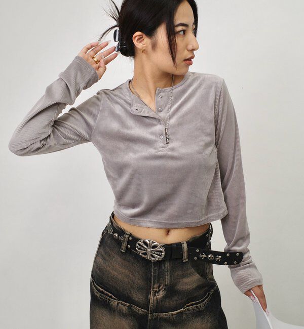  「ベロアヘンリーネックショートトップス」|Tシャツ・カットソー|ライトグレー
