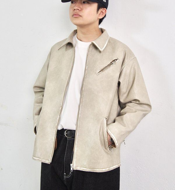  「ヴィンテージライクボンディングフェイクレザージャケット 」|ブルゾン・スタジャン|ホワイト