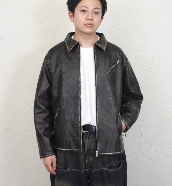  「ヴィンテージライクボンディングフェイクレザージャケット 」|ブルゾン・スタジャン|