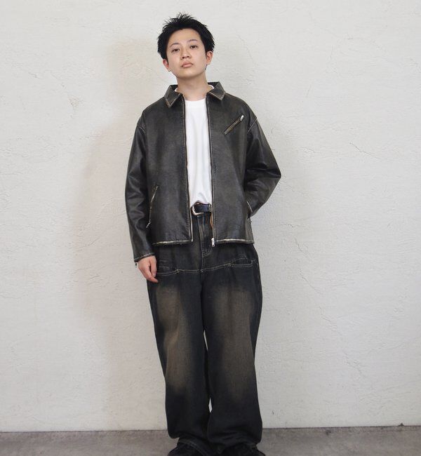  「ヴィンテージライクボンディングフェイクレザージャケット 」|ブルゾン・スタジャン|