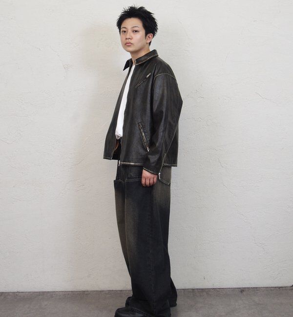  「ヴィンテージライクボンディングフェイクレザージャケット 」|ブルゾン・スタジャン|