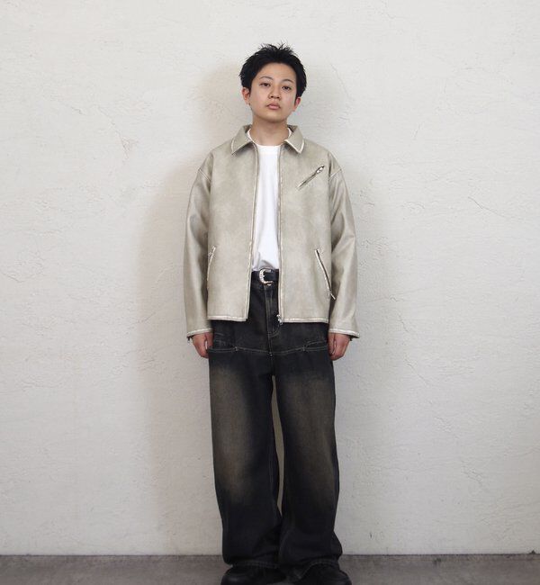  「ヴィンテージライクボンディングフェイクレザージャケット 」|ブルゾン・スタジャン|