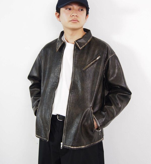  「ヴィンテージライクボンディングフェイクレザージャケット 」|ブルゾン・スタジャン|ブラック