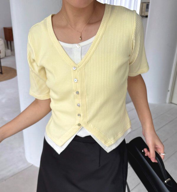  「【追加販売決定】カーディガン風バイカラーレイヤードプルオーバー」|Tシャツ・カットソー|イエロー