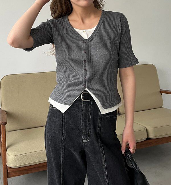  「【追加販売決定】カーディガン風バイカラーレイヤードプルオーバー」|Tシャツ・カットソー|