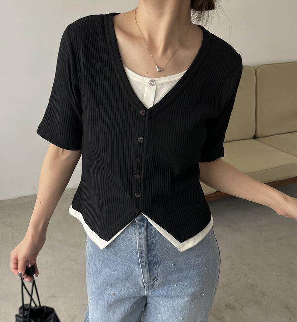  「【追加販売決定】カーディガン風バイカラーレイヤードプルオーバー」|Tシャツ・カットソー|