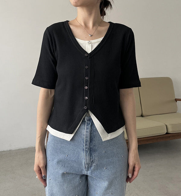  「【追加販売決定】カーディガン風バイカラーレイヤードプルオーバー」|Tシャツ・カットソー|