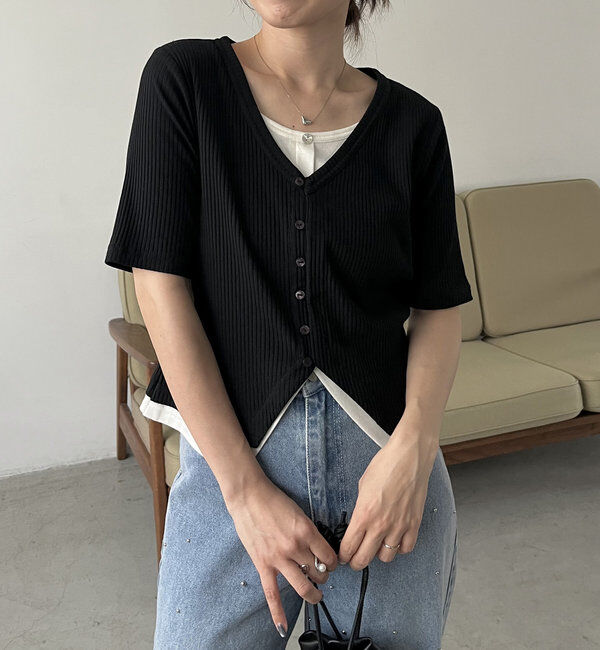  「【追加販売決定】カーディガン風バイカラーレイヤードプルオーバー」|Tシャツ・カットソー|