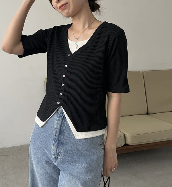  「【追加販売決定】カーディガン風バイカラーレイヤードプルオーバー」|Tシャツ・カットソー|