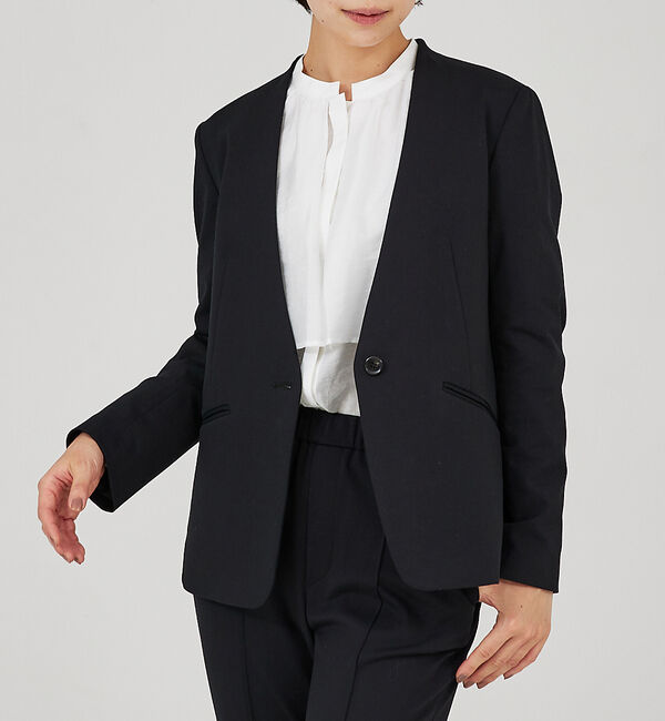 qualite「【セットアップ対応】トリコットストレッチジャケット」|ノーカラージャケット|ブラック