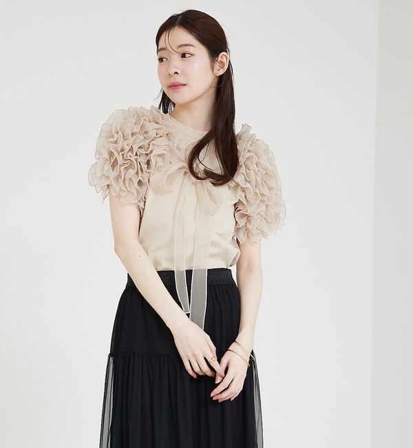 SELFIST「ボリュームフリル袖付Tシャツ」|Tシャツ・カットソー|ベージュ