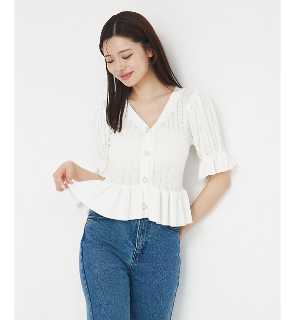 SELFIST「ビジューボタン付きペプラムニットカーデ」|カーディガン|オフホワイト