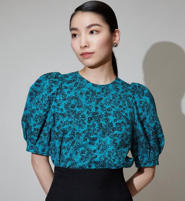 TIARA「ヴィンテージフラワープリントギャザーブラウス」|シャツ・ブラウス|ターコイズブルー