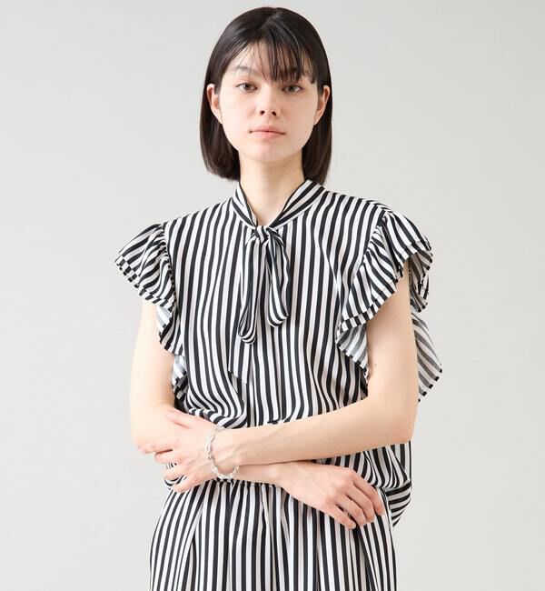 TIARA「ストライププリントフリルスリーブボウタイブラウス」|シャツ・ブラウス|ホワイト