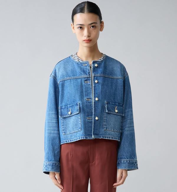 TIARA「パールボタンノーカラーデニムジャケット」|デニムジャケット|ブルー