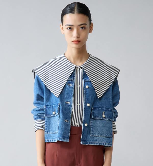 TIARA「パールボタンノーカラーデニムジャケット」|デニムジャケット|