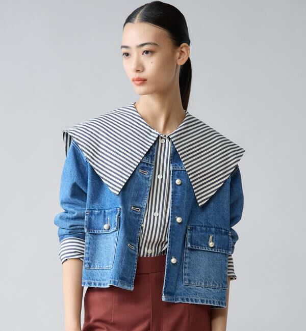 TIARA「パールボタンノーカラーデニムジャケット」|デニムジャケット|