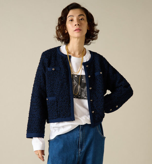 Liesse「ツイーディーニットジャケット」|カーディガン|ネイビー
