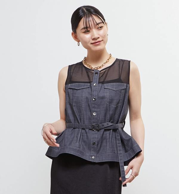 Soffitto「異素材使いノースリブラウス」|シャツ・ブラウス|ブラック系その他