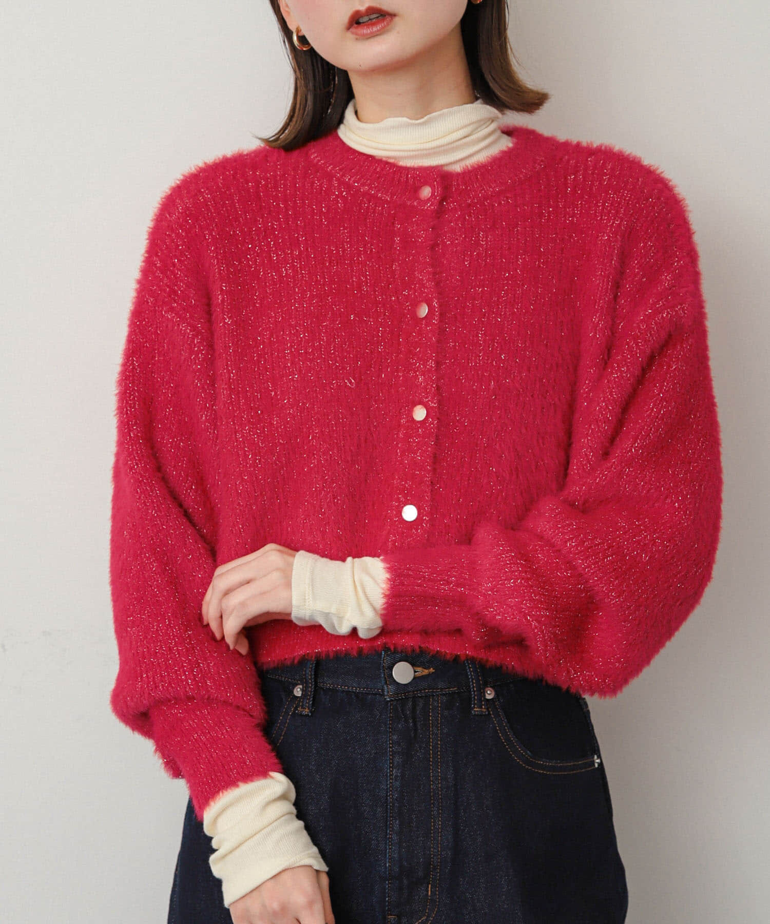 SENSE OF PLACE by URBAN RESEARCH「ラメシャギークロップドカーディガン」|ニット・セーター|レッド