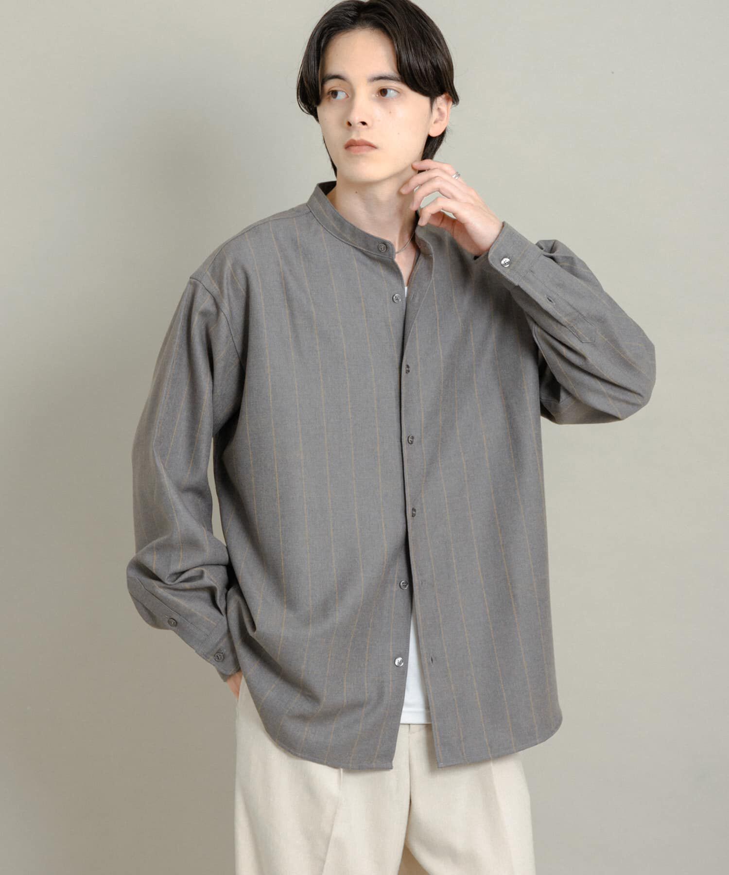 SENSE OF PLACE by URBAN RESEARCH「ウールタッチストライプバンドカラーシャツ」|シャツ・ブラウス|グレー