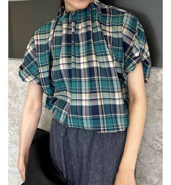 le.coeur blanc「《手洗い可能》チェックハイネックギャザードルマンフレンチブラウス」|シャツ・ブラウス|