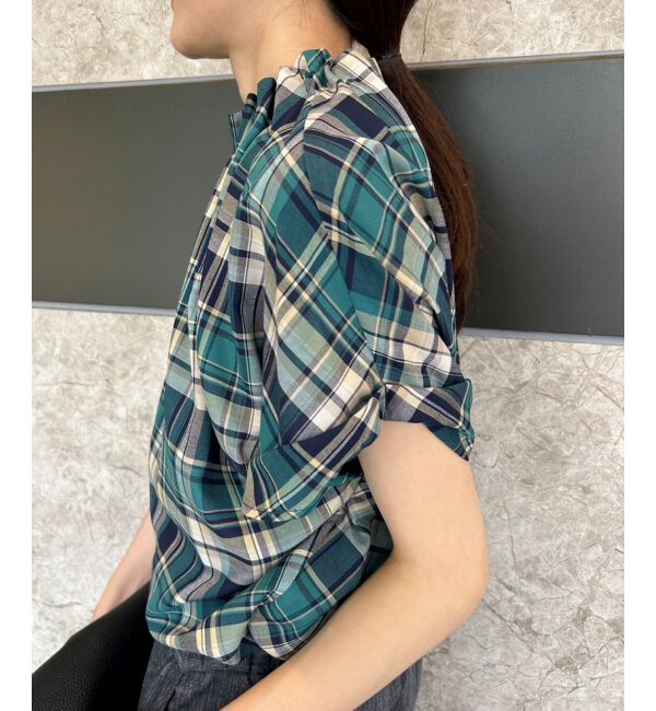 le.coeur blanc「《手洗い可能》チェックハイネックギャザードルマンフレンチブラウス」|シャツ・ブラウス|